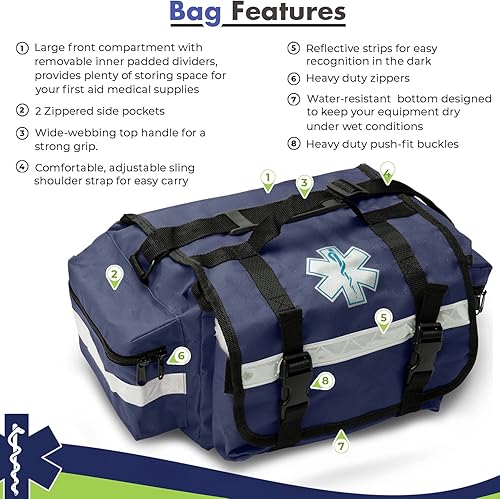 Miniatura 3 de NOVAMEDIC Bolsa de primeros auxilios azul vacía profesional, 17 x 9 x 7 pulgadas, portador de primeros auxilios EMT para paramédicos y kit de