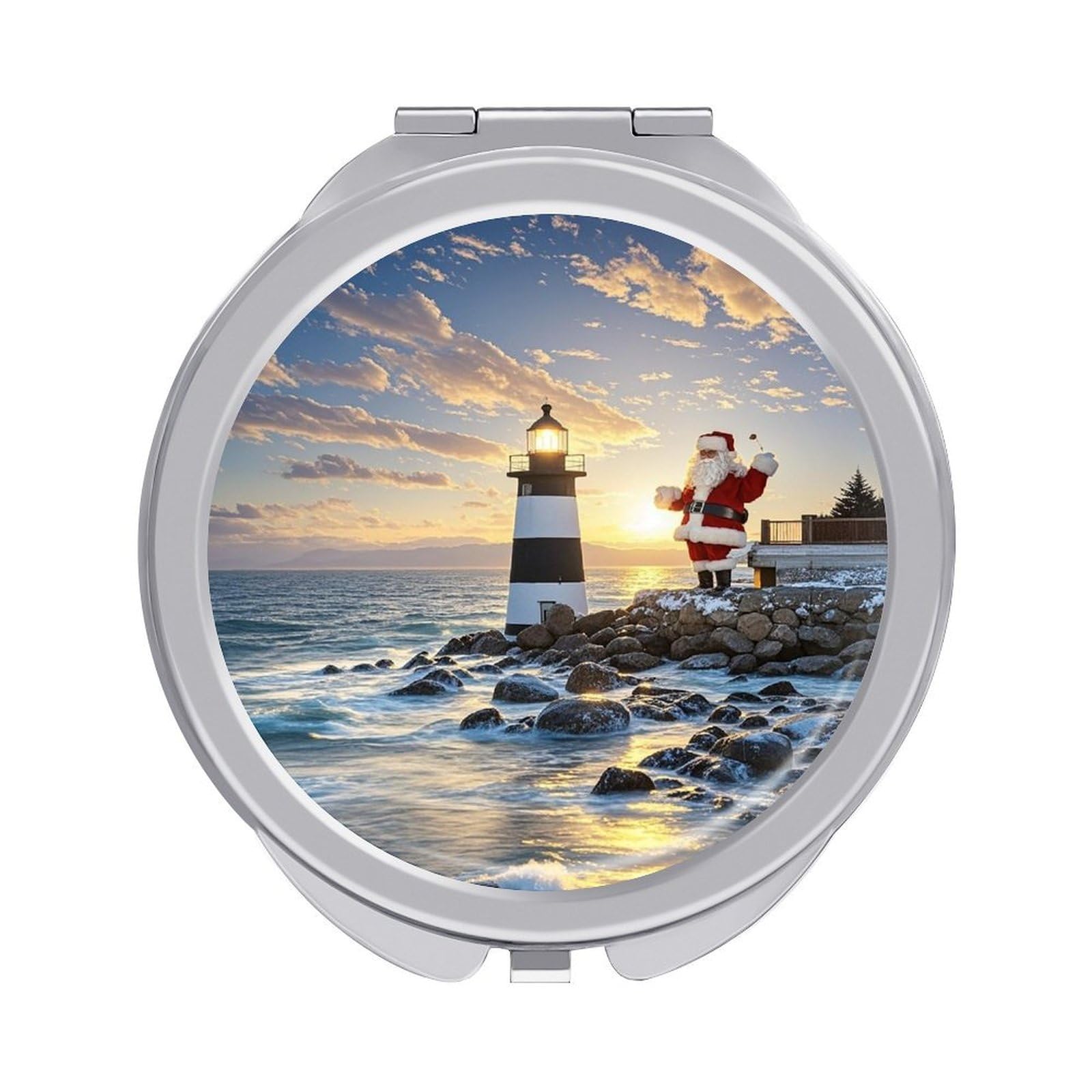 FekiLoot Santa Claus Lighthouse Travel Makeup Mirror for Women Folding Portable Hand Compact Mirrors Small Round Vanity Mirror 1X/2X Magnifying Metal Pocket Makeup Mirrors