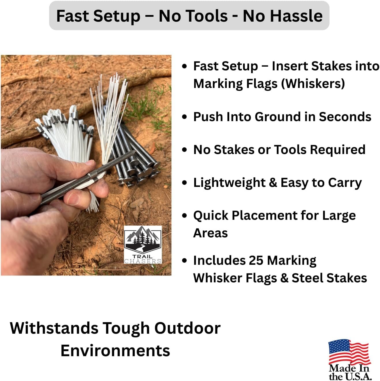 Trail Chasers® White Marking Flags (Whiskers), 6" Ground Markers with Steel Stakes, 25 Pack for Survey & Construction