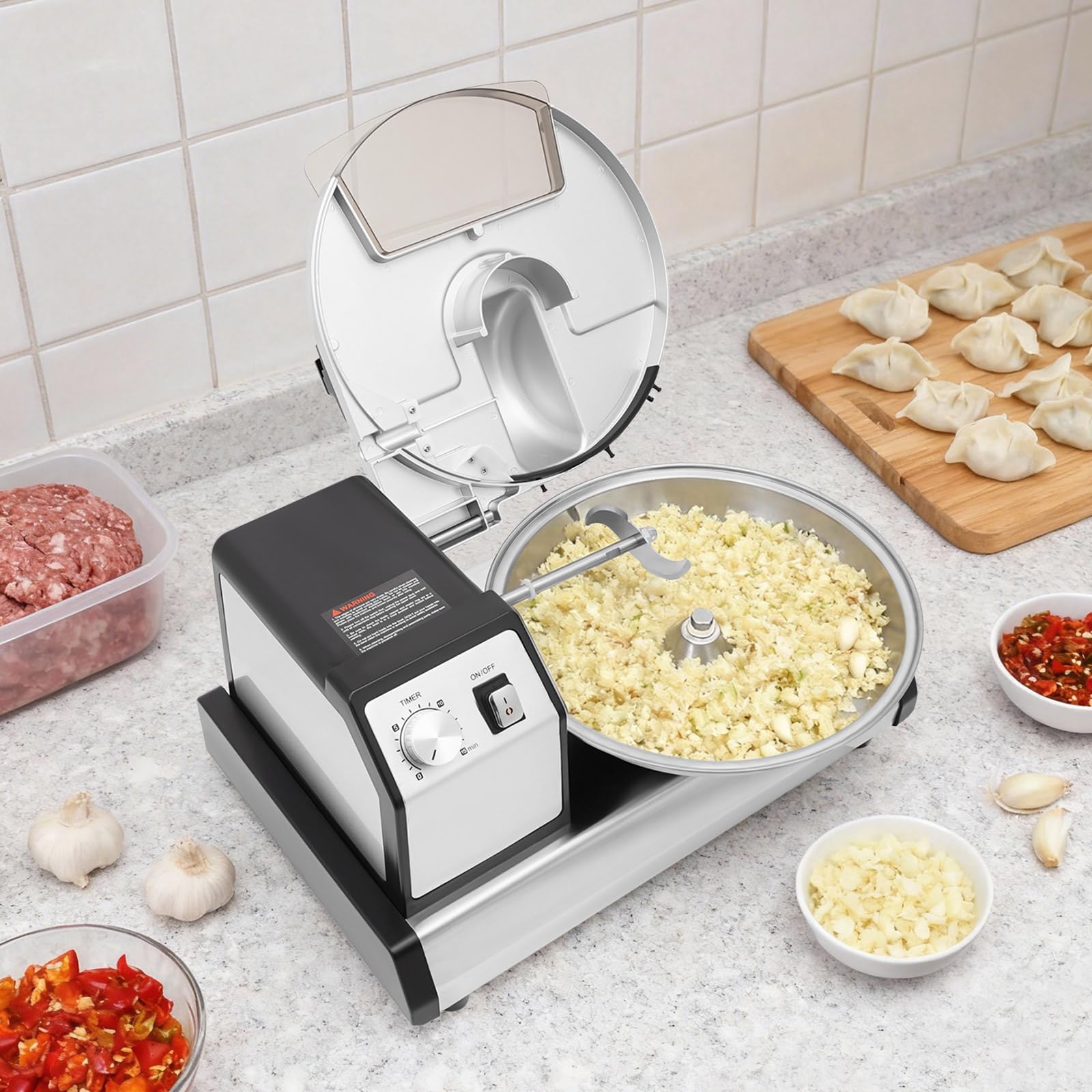 Professionelle Küchenmaschine 5L 250W, 1500U/min Edelstahl Lebensmittelzerkleinerer, 45,4kg/h EU-Stecker für Gaststätten Hotpot-Restaurants Kantinen Silber