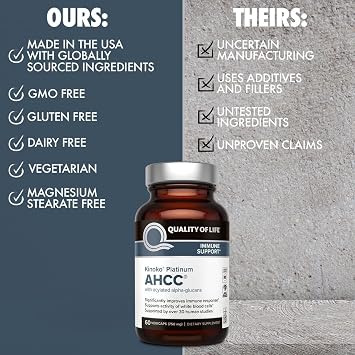Quality of Life AHCC Kinoko Platinum 750 mg Premium Immune Support Supplement, Pack of 3-60 Count Bottles