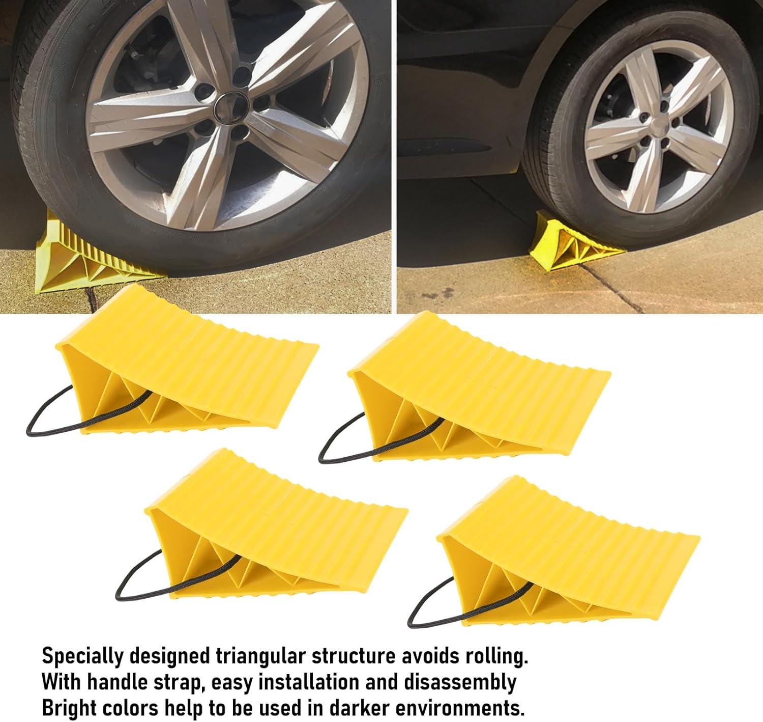 Aramox 4pcs Heavy Duty Wheel Chock, Anti Slip Hard Plastic Tire Chock Block Stopper with Rope, for RV Camping Car (Yellow)