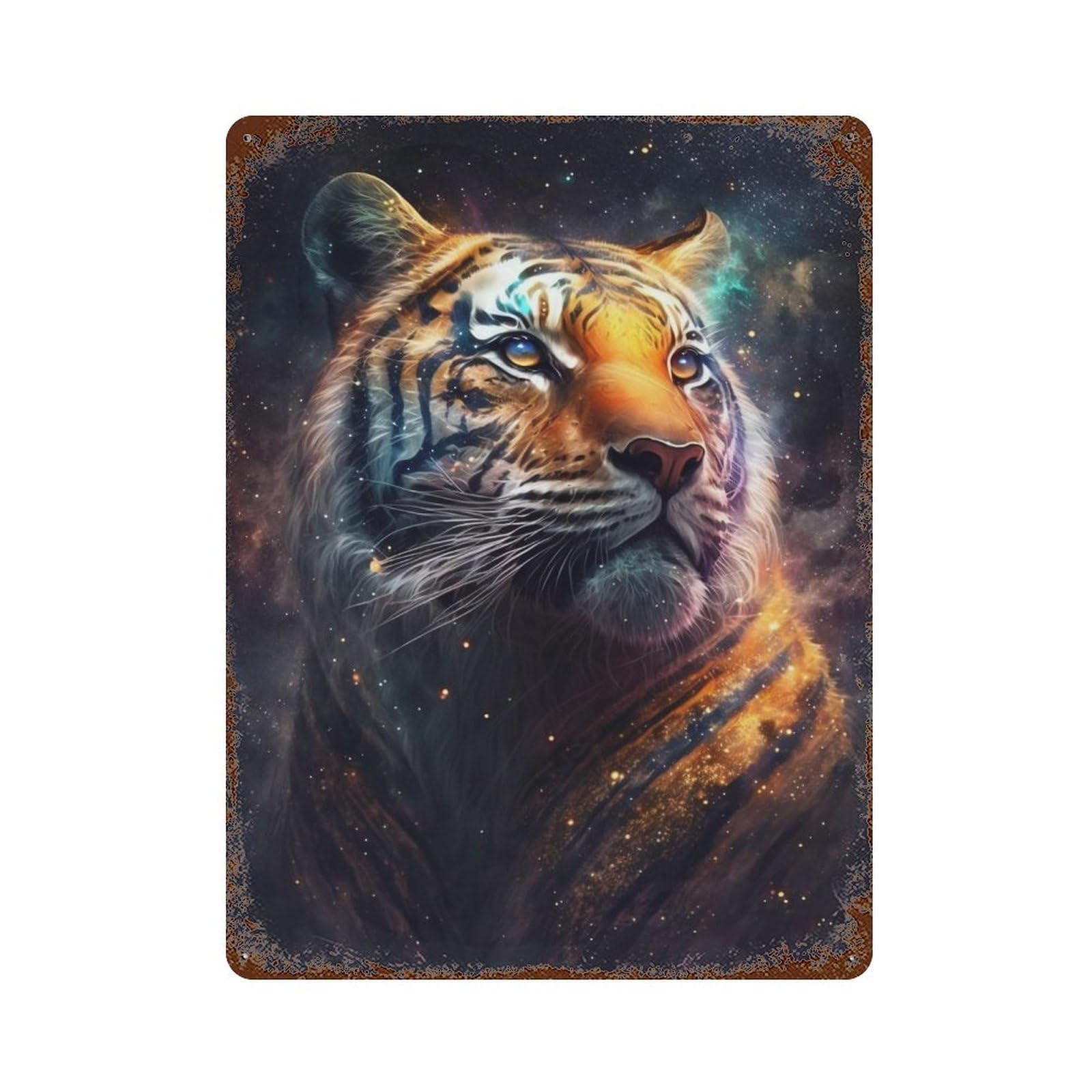 Rust Effect The Cosmic Tiger Rustic Tin Plaque 15.7"x11.8", Shabby Chic Decor for Basement, Hobby Room And Garage Decor