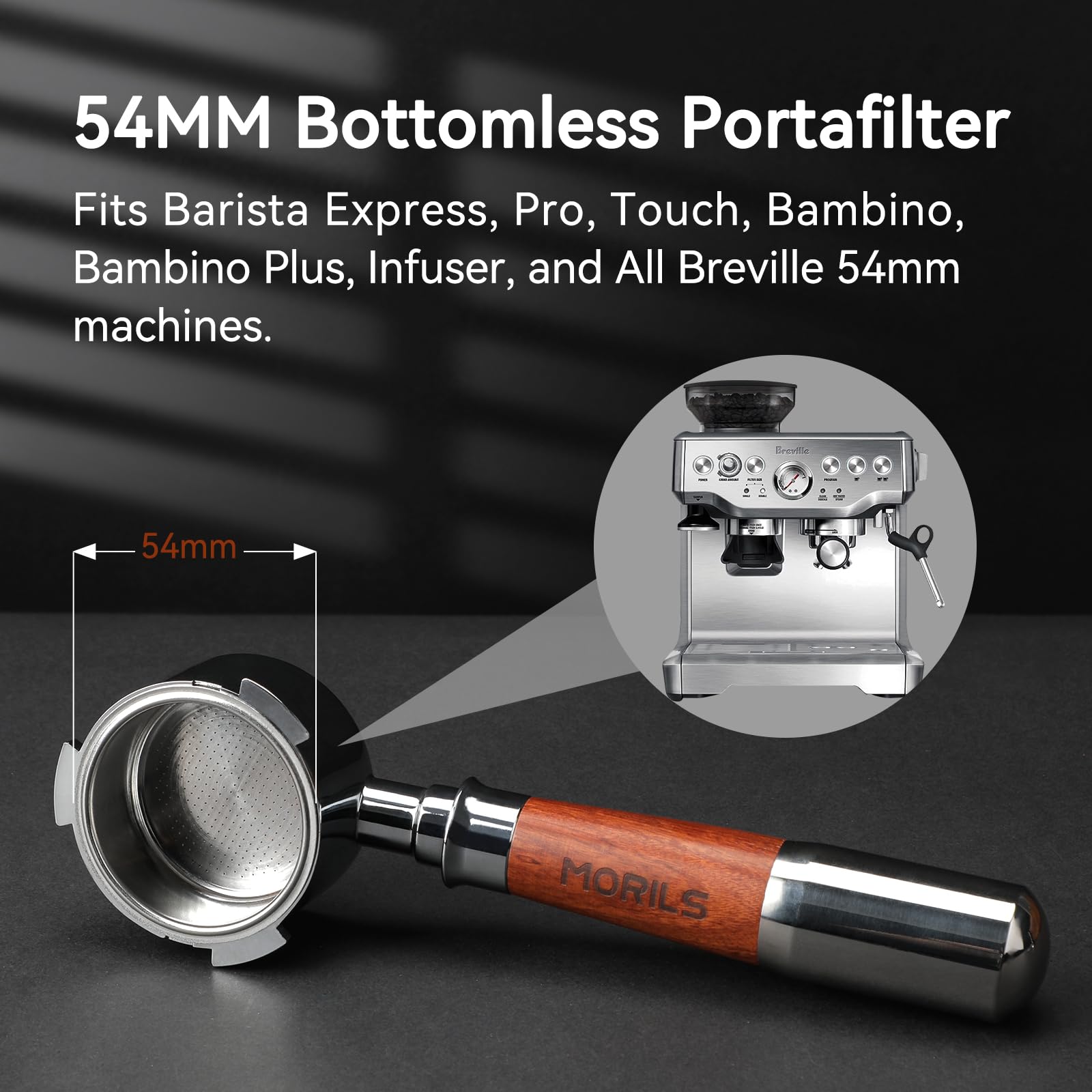 Philorn Bodemloze zeefdrager 54 mm met 3 oren, dikte en houten handvat, voor Breville Barista serie BES870/878/880 koffiezetapparaat