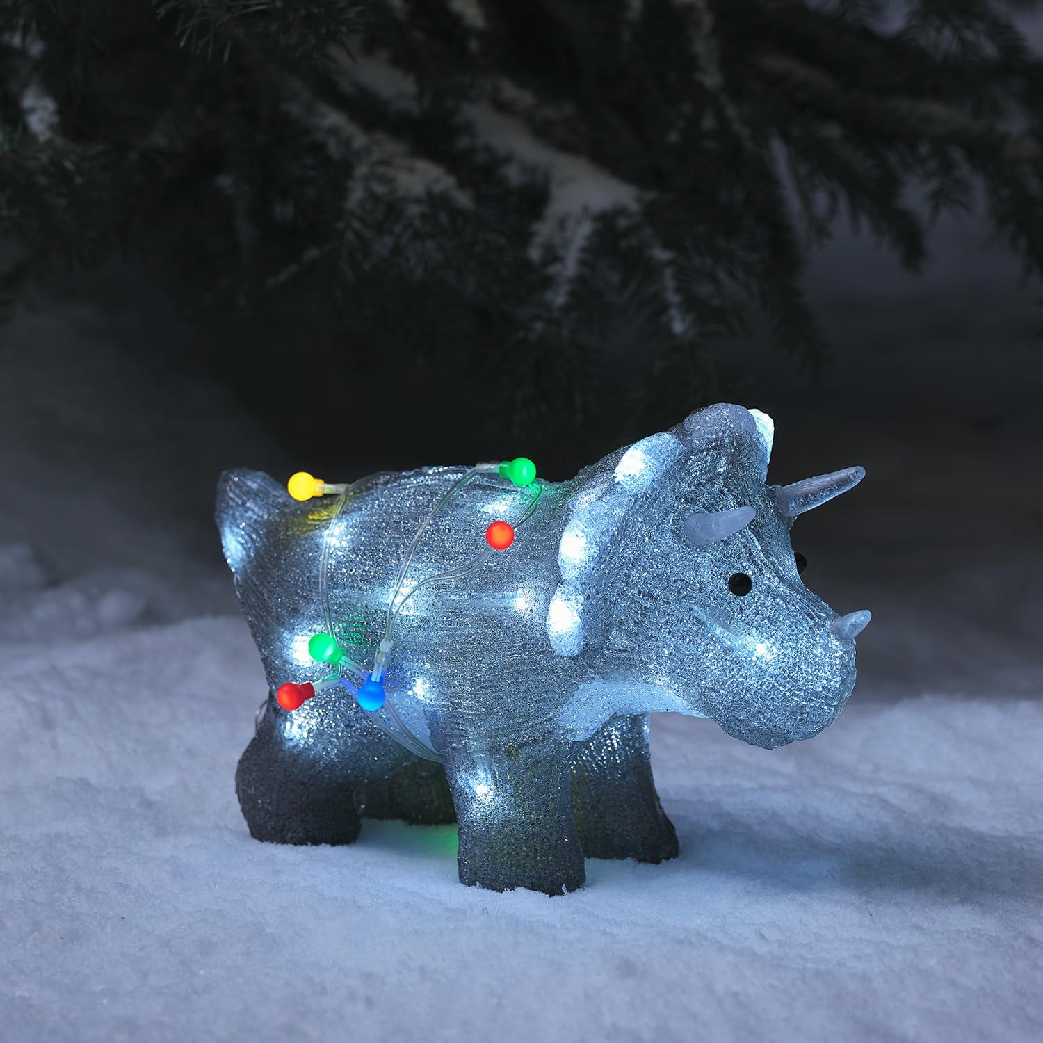 Lights4fun Dinosauro Triceratopo Luminoso a Pile da 36,5 cm con 40 LED Bianco e Timer Figura di Natale in Acrilico Decorazione Natalizia per Interni ed Esterni