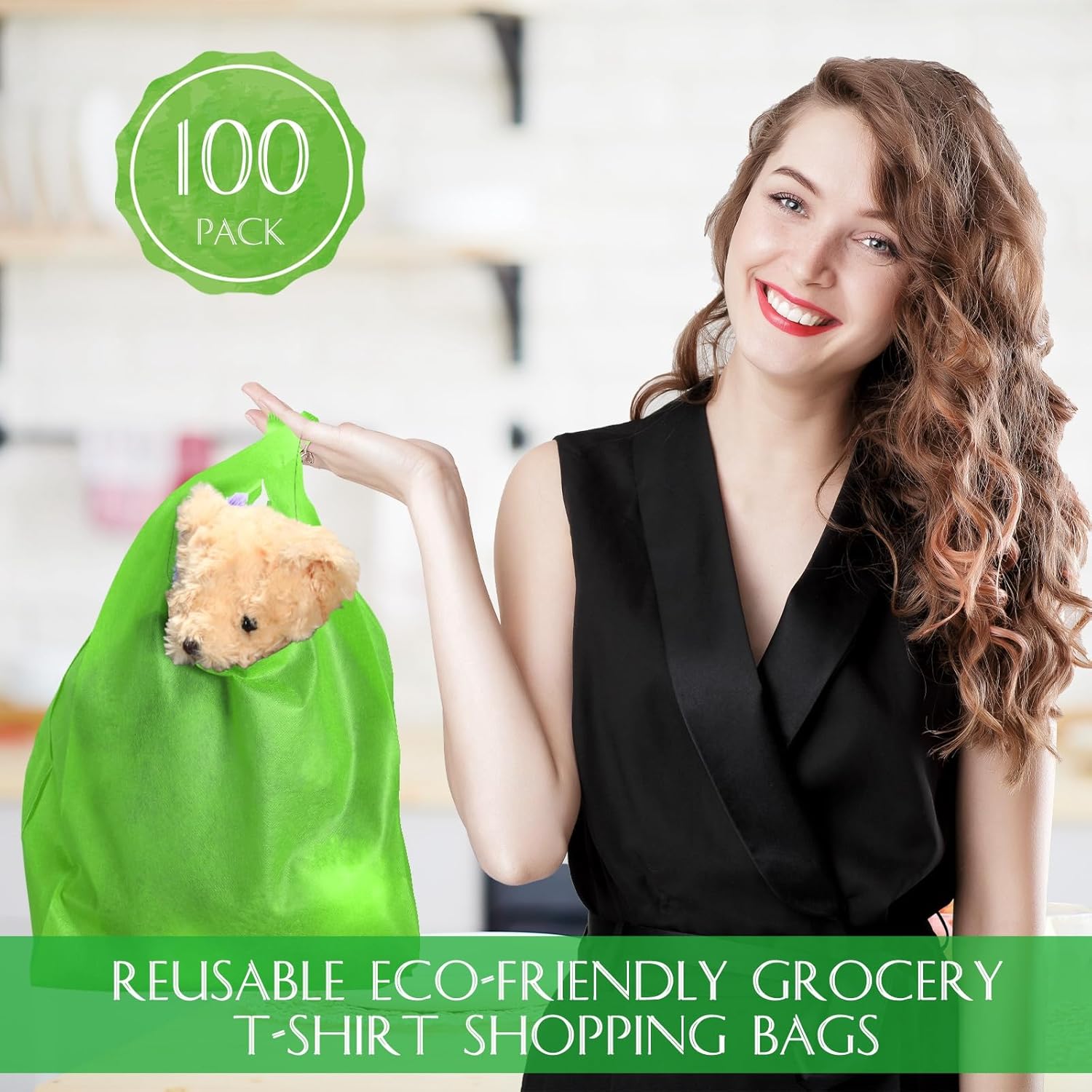 Windyun Large Grocery T-shirt Bags Bulk Reusable Non Woven Shopping Bag Foldable Gift Tote with Handle, 21x11x6 Inch - Image 4