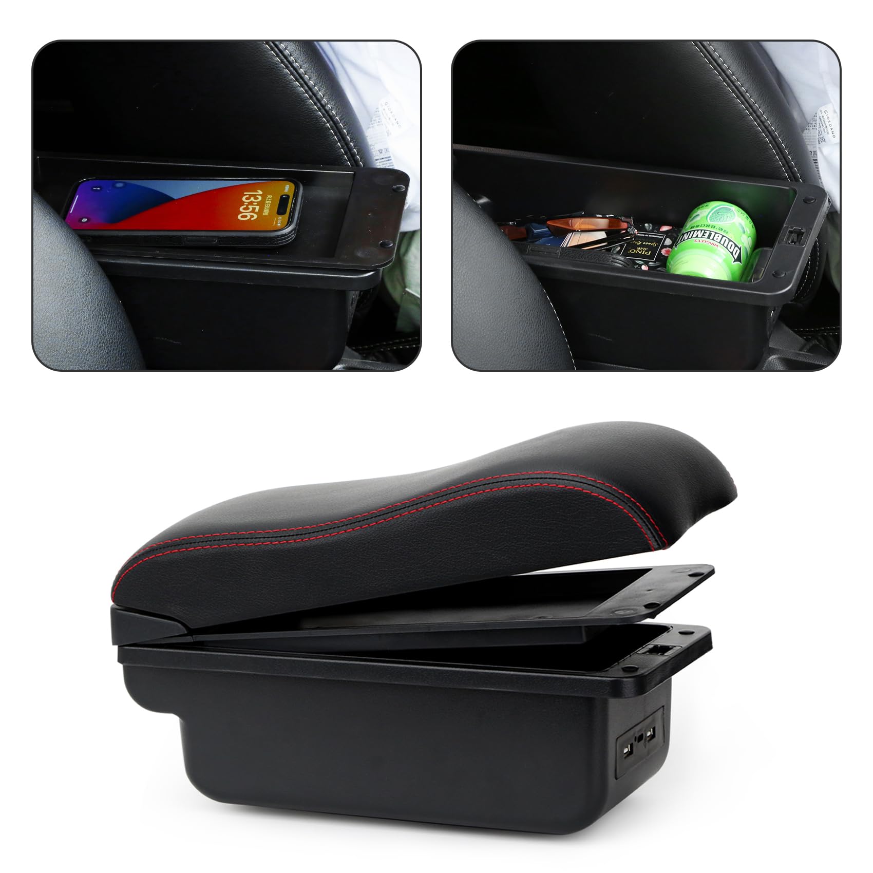 YJYWZH Coche Apoyabrazos para Opel Corsa D 2006-2014 Doble Capa Caja de Almacenamiento de Consola Central con 3 Puertos de Carga USB Negro con Costura roja