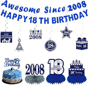 12 Pcs 18th Birthday Decorations for Boys Men,Blue Sliver Happy 18th Birthday Banner,Cake Topper,Awesome Since 2008 Honeycomb Centerpieces,Hanging Swirls,18 Year Old Bday Party Supplies Decor