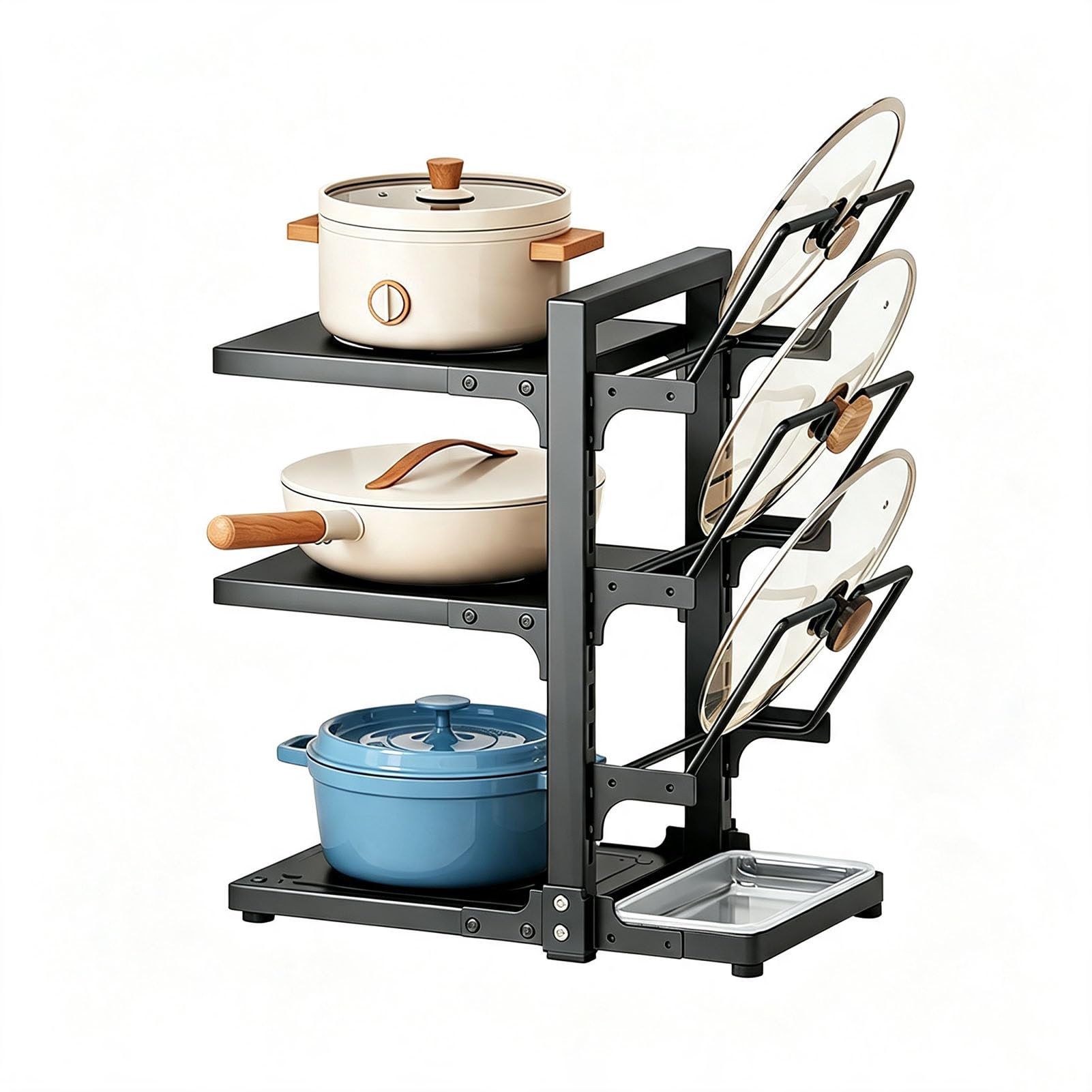 Portapentole Regolabile Ripiano con Ganci Laterali | Organizzatore Multifunzione con Vassoio Estraibile, Organizzatore per I Recipienti da Cucina Dell'uso Domestico Quotidiano
