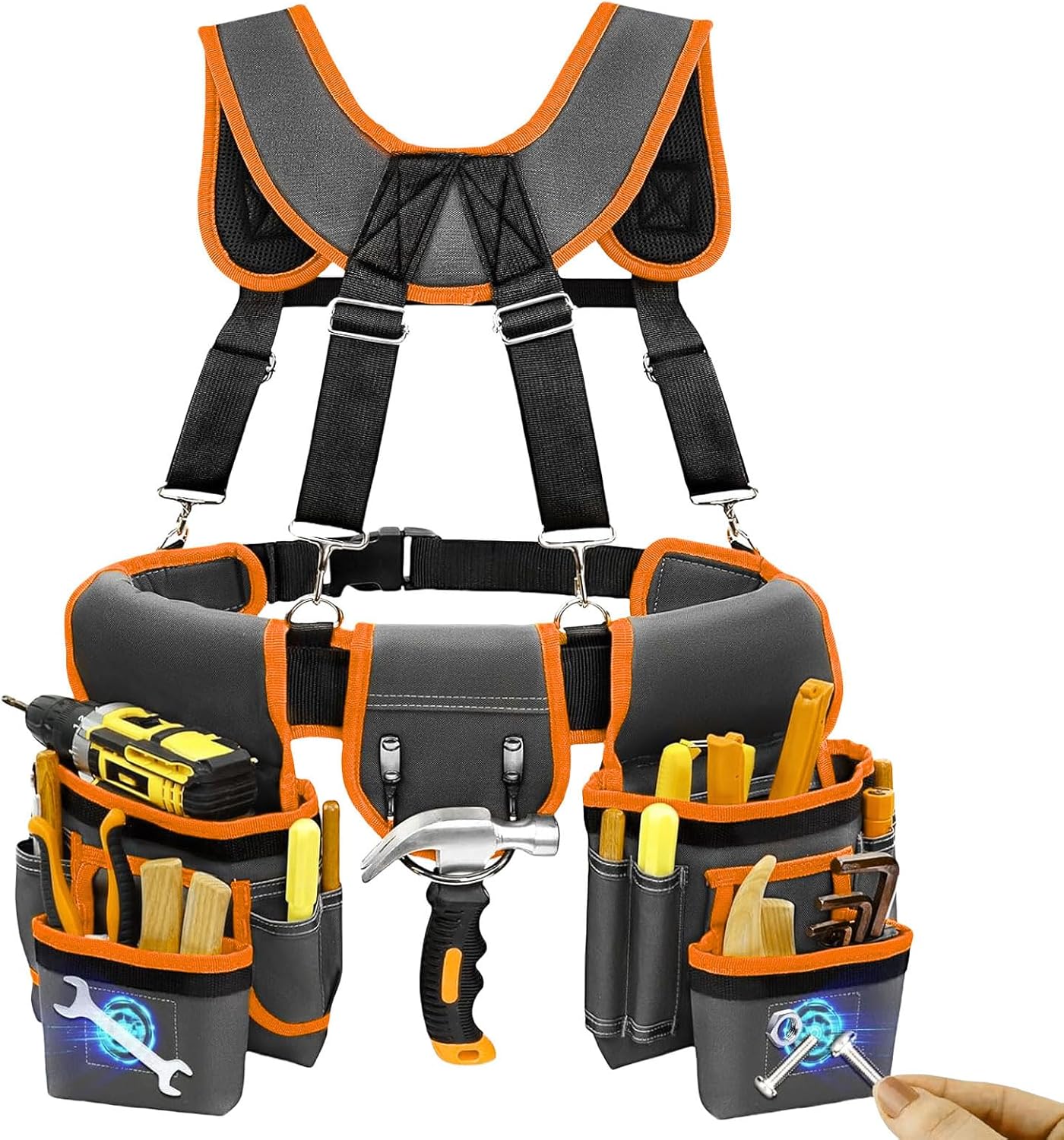 Tool Belt for Men, Professional Tool Belts with Suspenders, Magnetic Tool Pouch, Adjustable Utility Belt Tools Organizer Heavy Duty Construction Work Bags Tool Pouch for Electrician Carpenter Framers