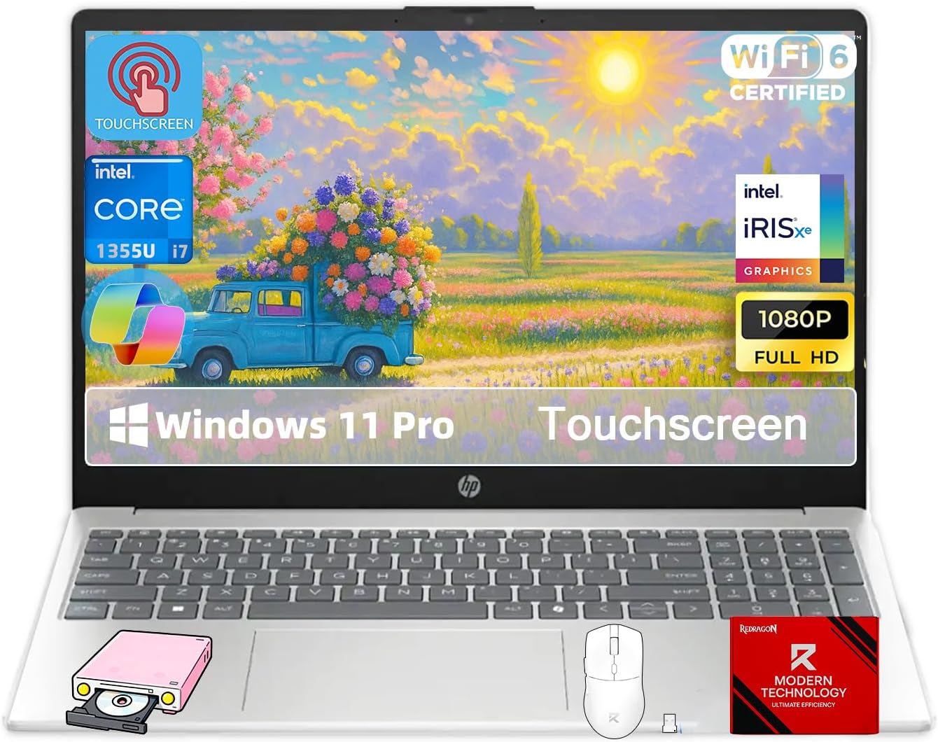HP 15.6-inch Touchscreen Laptop for Business and Students - Intel 13th Gen i7-1355U (up to 5 GHz), 16GB RAM, 512GB SSD, FHD Touch Display, Copilot, Webcam, Fast Charge, Win 11 Pro, w/Redragon Bundle