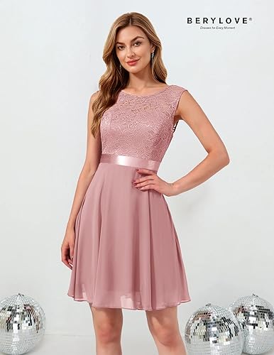 Miniatura 5 de BeryLove Vestidos cortos de graduación para mujeres y adolescentes, sin mangas, sueltos, línea A, vestido formal de encaje para invitadas de boda