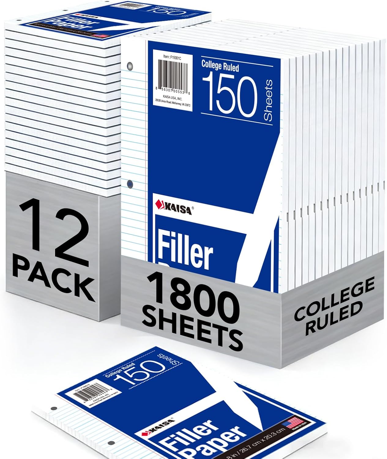 Kaisa Filler Paper Notebook Paper College Ruled 8"x10.5" Loose Leaf Paper for 3-Ring Binders 1800 Sheet/pack,12pack (Total 1800 Sheets)