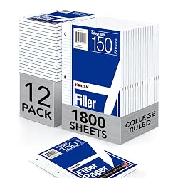 Kaisa Filler Paper Notebook Paper College Ruled 8"x10.5" Loose Leaf Paper for 3-Ring Binders 1800 Sheet/pack,12pack (Total 1800 Sheets)