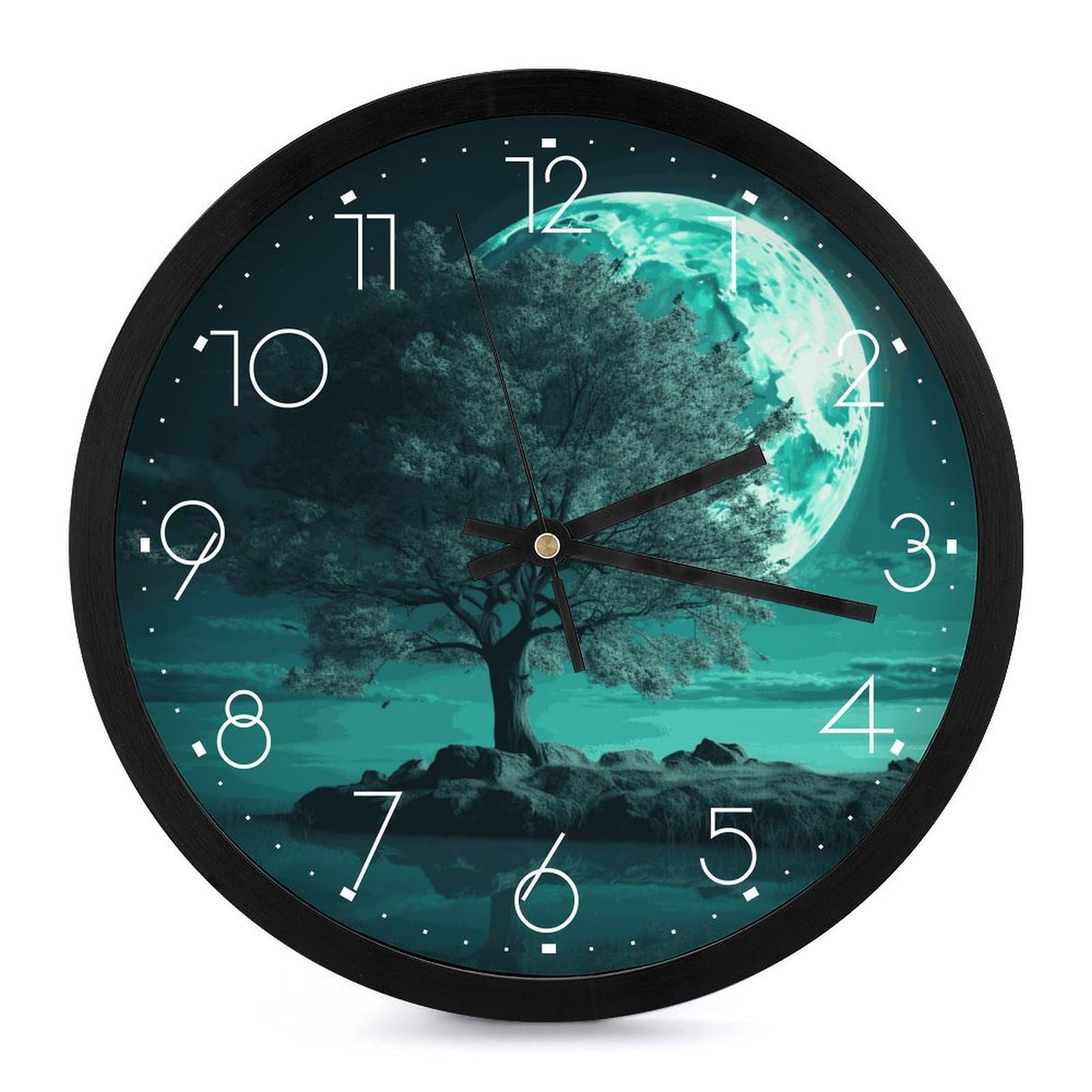 Horloge murale pour salon moderne au motif arbre bleu sarcelle pour une ambiance de nuit calme