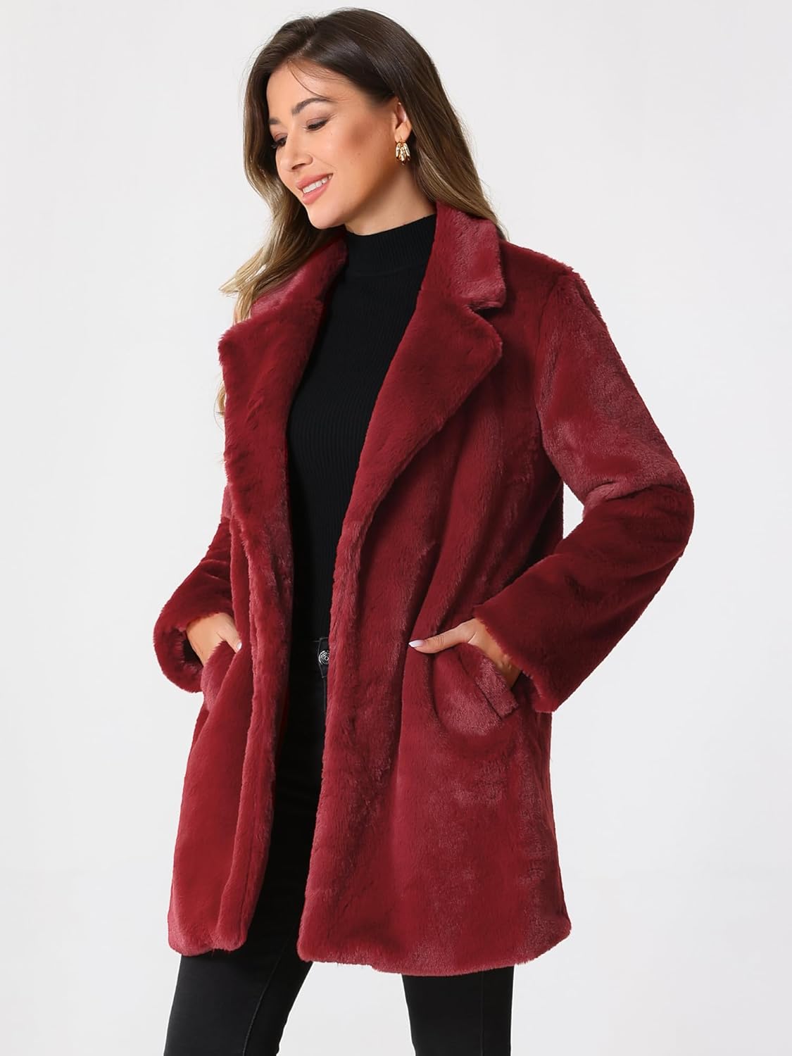 Allegra K Women's Faux Fur Coat Lapel Warm Overcoat Winter Open Front Casual Long Fluffy Jackets - Image 3