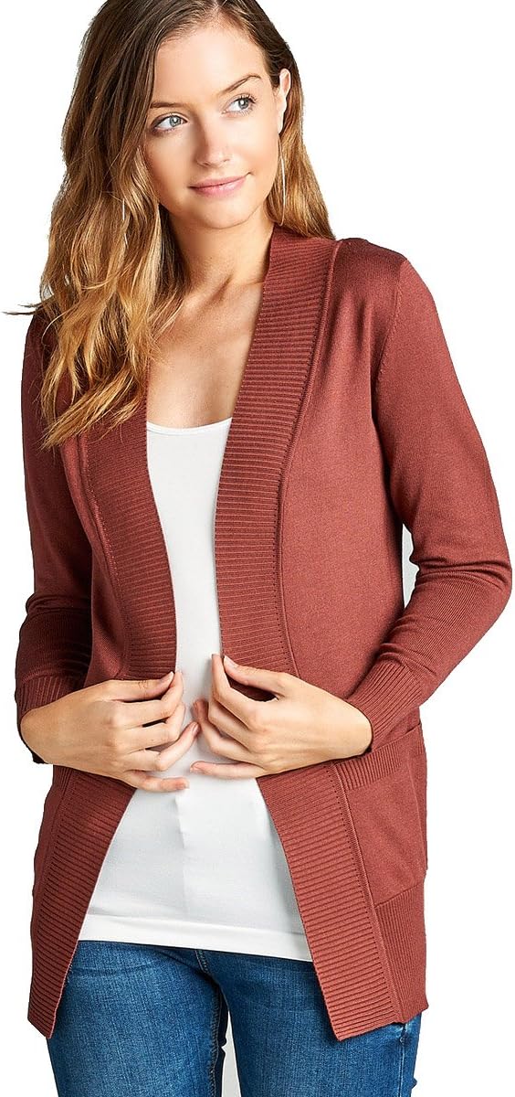 YourStyle Women Open Front Long Sleeve Classic Knit Cardigan (Medium, Red Bean)