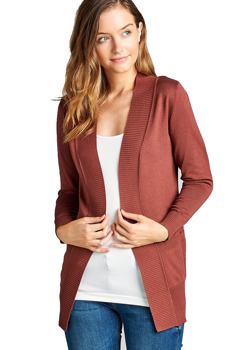 YourStyle Women Open Front Long Sleeve Classic Knit Cardigan (Medium, Red Bean)