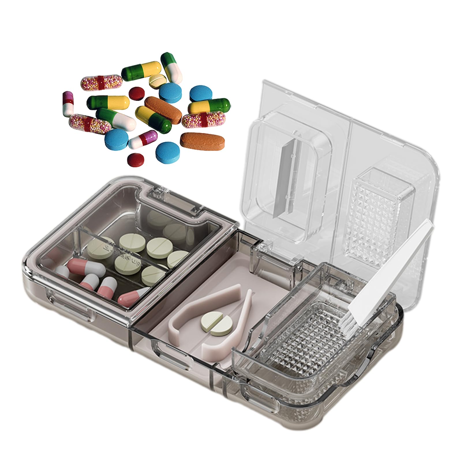 Divisore per compresse piccole e grandi, pratico tagliacapsule 2 in 1 con contenitore per compresse, separatore pillole con vano portaoggetti, per compresse, vitamina medicina tagliata in mezzo quarto