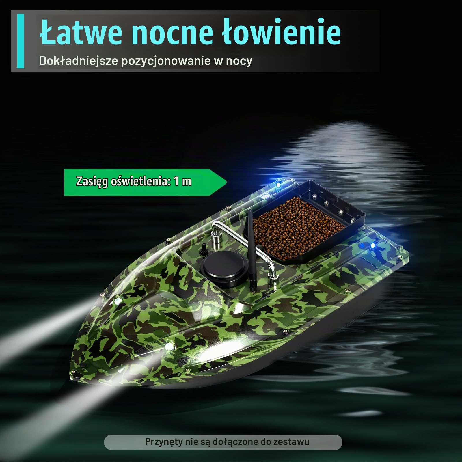 500 metrów, kamuflaż zdalnie sterowany, wędkarstwo nocne, 1,5 kg