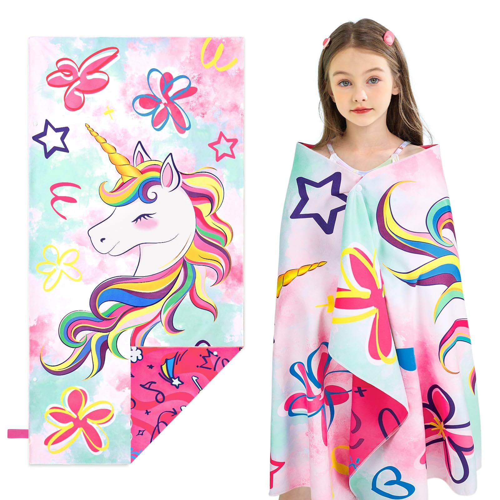 WERNNSAI Unicorn Kids Beach Towel for Girls, 30” x 60” Double-Sided Towel for Kids, Kids Beach Pool Bath Bathroom Swim Towel, Quick Dry Ultra