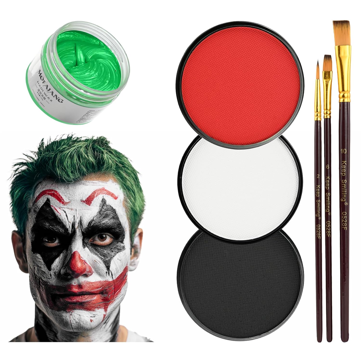 Clown Makeup Kit, Includes Red, Black & White Water Based Face Paint with 3 Face Paint Brushes & Temporary Green Hair Color Wax for Halloween Clown Makeup Costume & Cosplay
