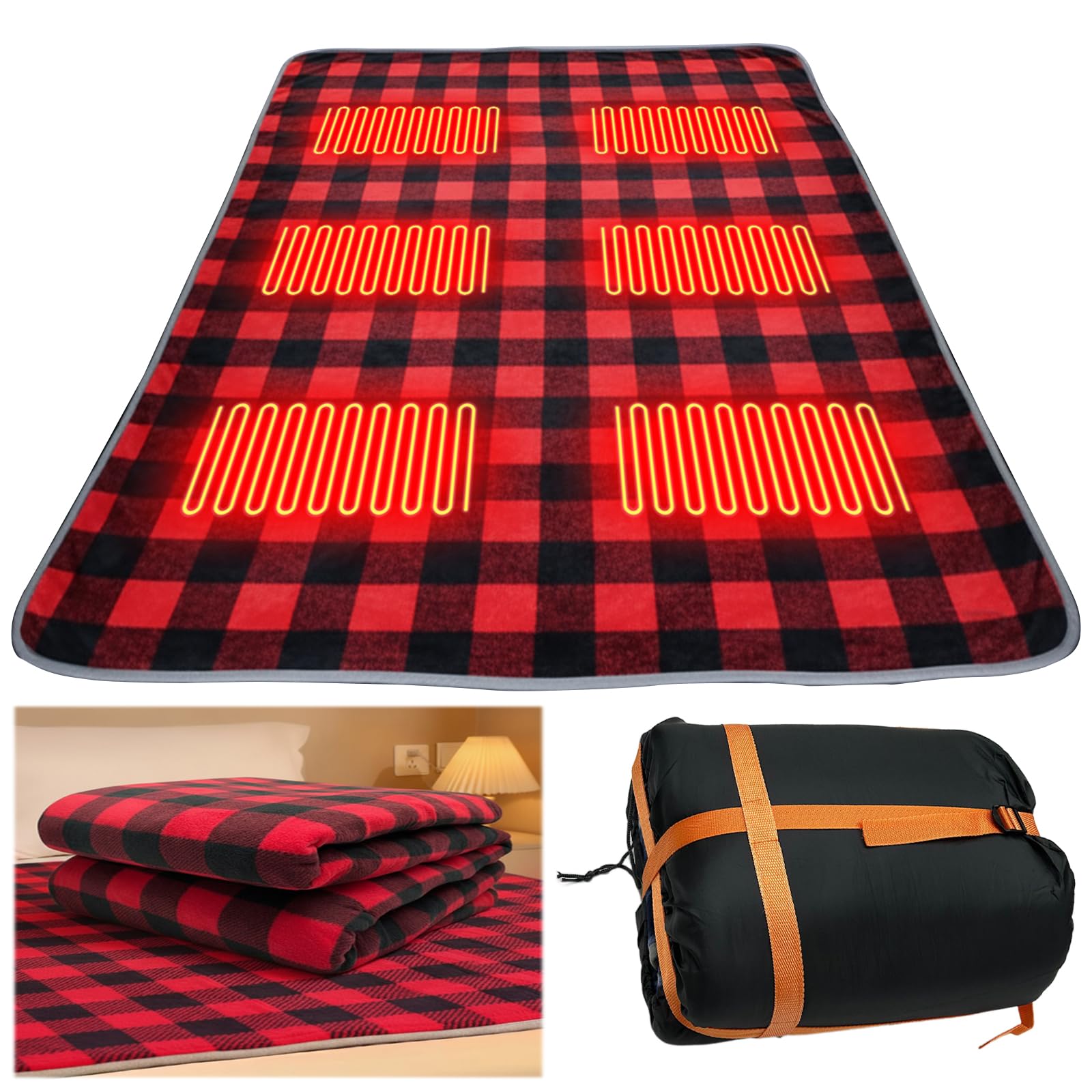 Almohadilla eléctrica de calefacción con 3 temperaturas ajustables, USB portátil, 6 zonas de calor, impermeable para camping y senderismo, color rojo