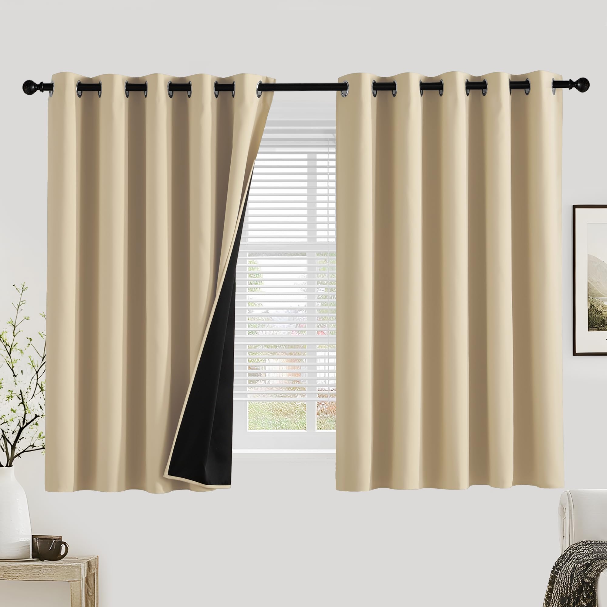PONY DANCE 100% Blackout Curtains for Bedroom - Thermal Full Blackout Eyelet Curtains & Drapes Heat and Light Blocking Panels for Living Room with Black Liner 2 Pcs, 66 x 54 Inch, Biscotti Beige