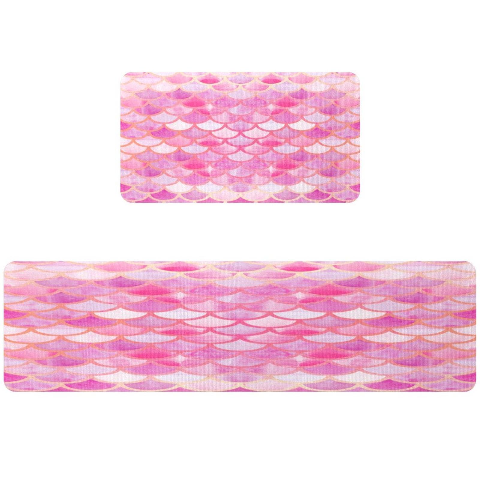 Lot de 2 tapis de cuisine antidérapants et lavables rose motif écailles de sirène
