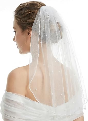 Short Wedding Veil Pearl Bridal Veil with Comb Womens White Vails for Bachelorette Party, Bridal Shower, Wedding