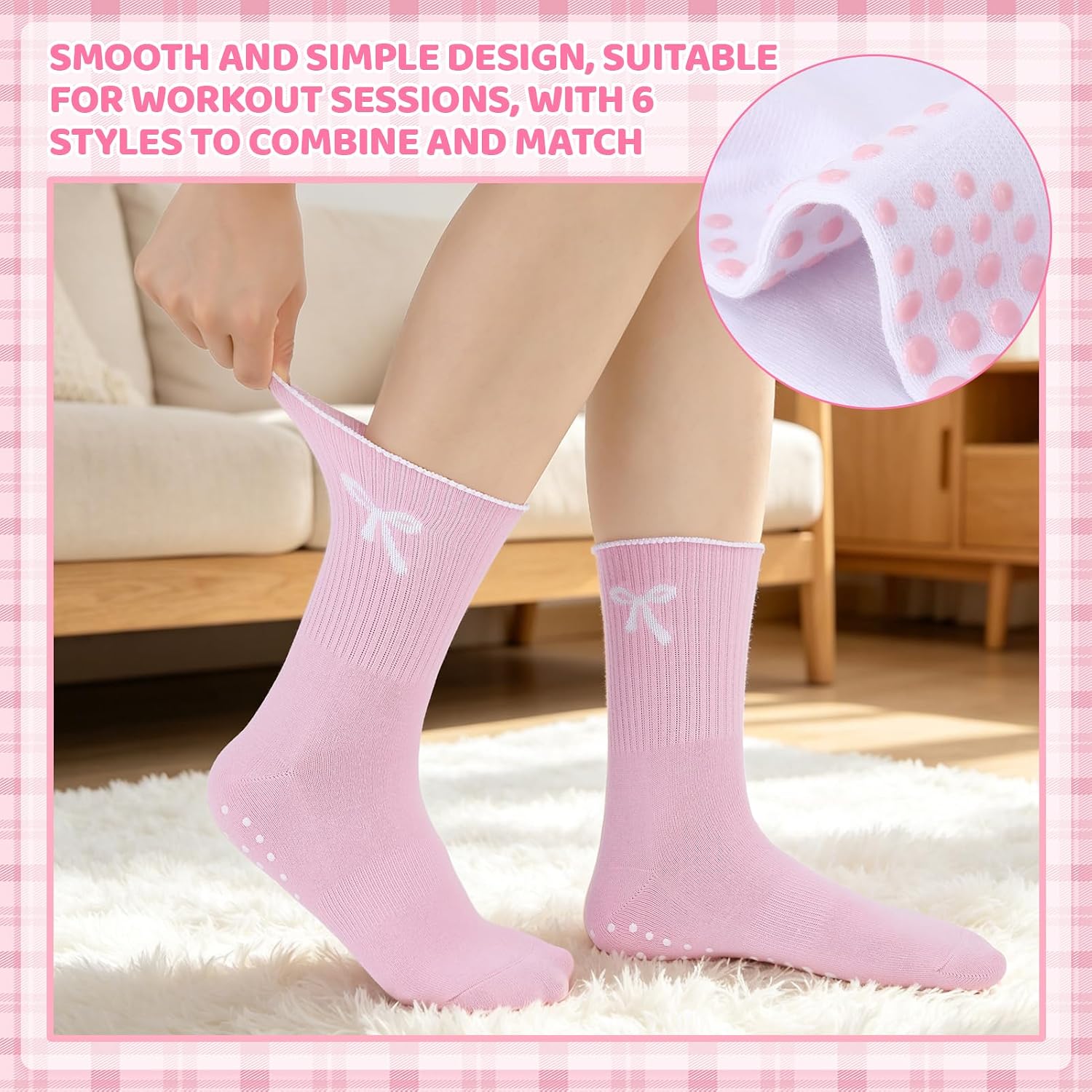 6 Pairs Cute Pilates Socks Yoga Grip Socks for Women | Ruffle Bow Anti Skid Slipper Ballet Athletic Crew Sock for Home Yoga Hospital Barre Gym Dance Workout