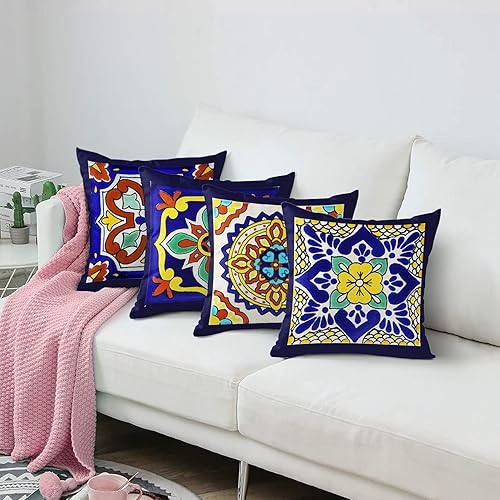 Miniatura 6 de Semtomn Juego de 4 fundas de almohada de lino Talavera Española Geometría Exótica Oscuro Retro Étnica Decoración para el Hogar 16 x 16 pulgadas,