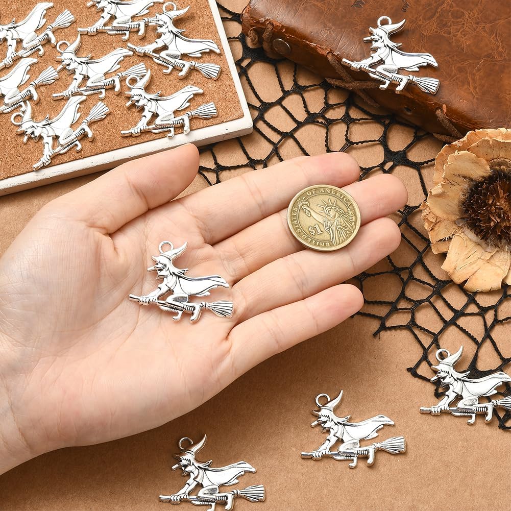 SUNNYCLUE 1 Box 40Pcs Silver Witch Charm Metal Halloween Charms Bulk Alloy Vintage Antique Holiday Wizard Broom Decoration Pendants Findings for Jewelry Making Earrings Bracelet DIY Craft Accessories - Image 4