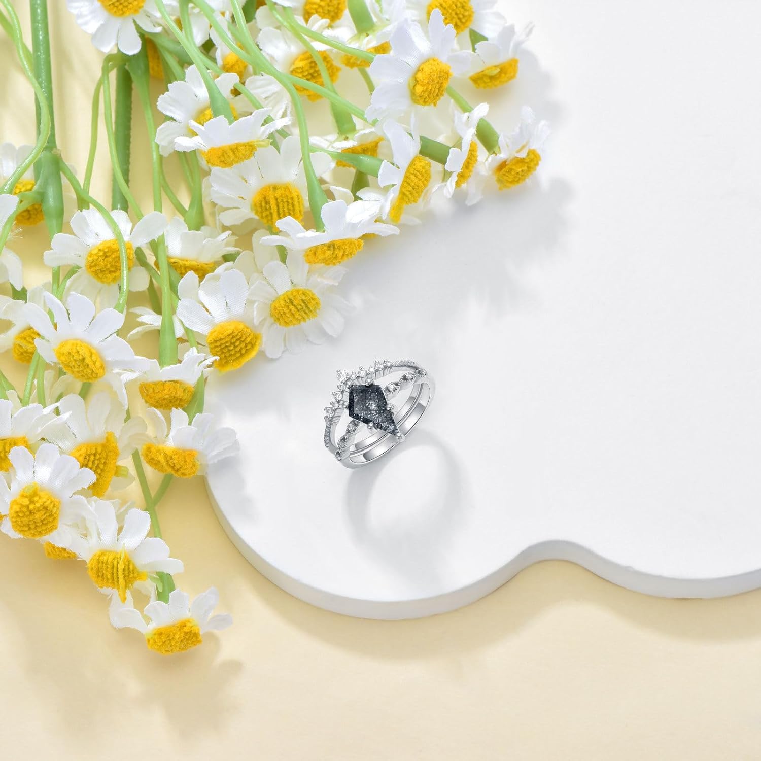 Black Rutilated Quartz Ring Set S925 10K 14K 18K Gold Salt and Pepper Diamond Engagement Rings for Women with Moissanite Unique Wedding Bridal Set Promise Rings for Her Free Engraving