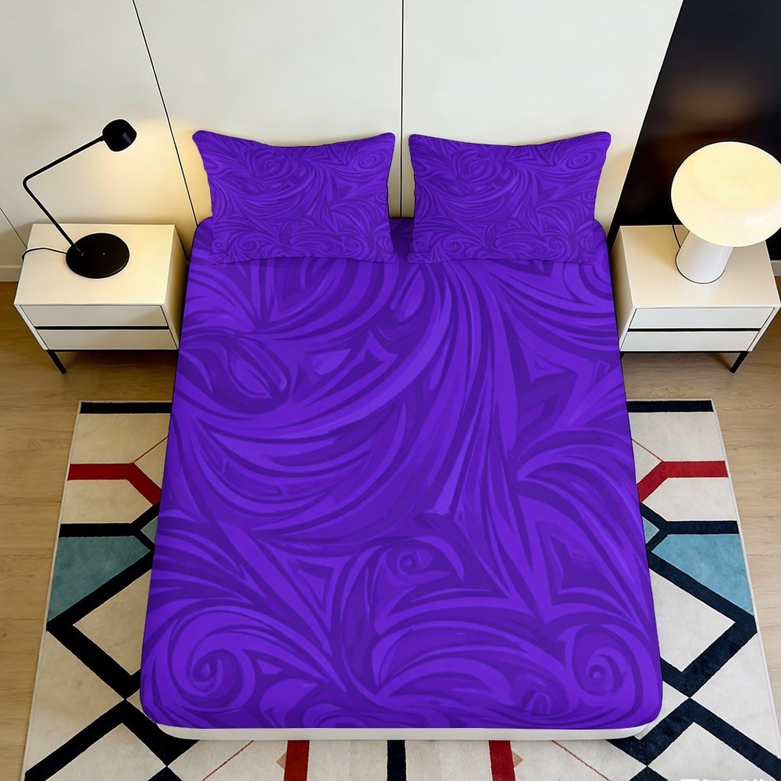 3D Printed Abstract Purple Swirl Fitted Sheet Microfiber Soft Bed Cover for Bedroom Guest Room Decor Mattress Protection 90x200x25cm