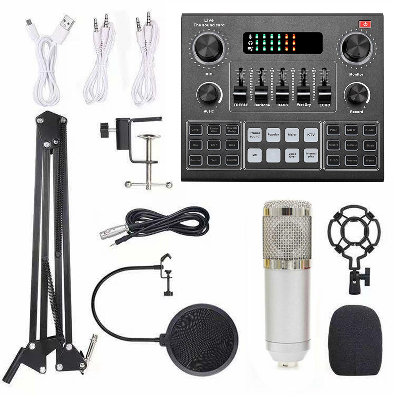 Kondensatormikrofon-Set, Broadcast-Mikrofon, Verstellbarer Armständer mit Galgen, Ideal für Computer und Mobiltelefone (Silver)