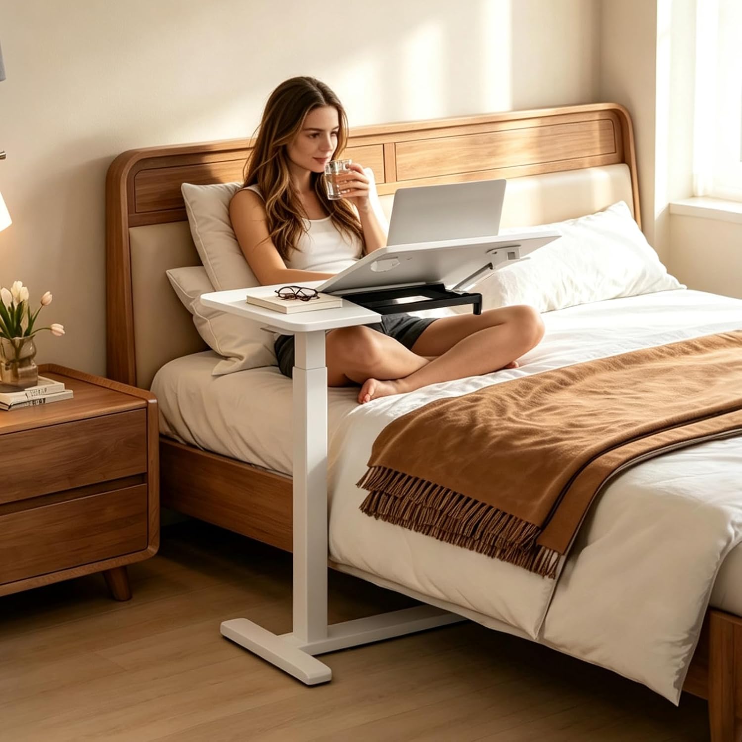 Overbed Bedside Table with Wheels & Tilting Desktop,Pneumatic Adjustable
