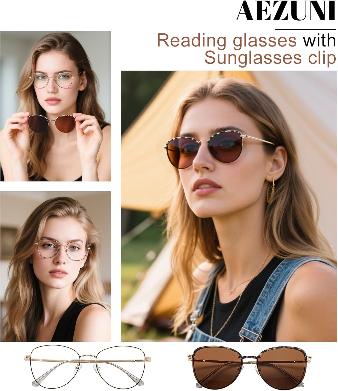 AEZUNI Large Frame Reading Glasses Women Metal Readers Magnetic Polarized Sunglasses Clips 1.0 1.5 2.0 2.5 3.0 3.5