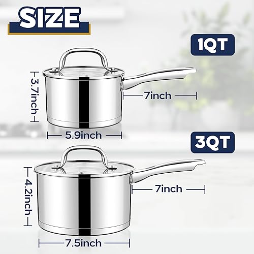 Miniatura 2 de LIANYU Juego de cacerolas de acero inoxidable, sartén de 1 cuarto y 3 cuartos con tapa, juego de ollas de cocina multiusos, sartén de leche de fondo