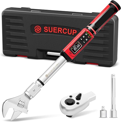SUERCUP 1/2" Adjustable Digital Torque Wrench (1.5-99.6Ft.Lb/2-135N.m) | Interchangeable 14x18mm Head with 42mm Jaw & 1/2" Ratchet, Vibration, Buzzer & LED Flash, for HVAC, Flare Nut & Auto Repair