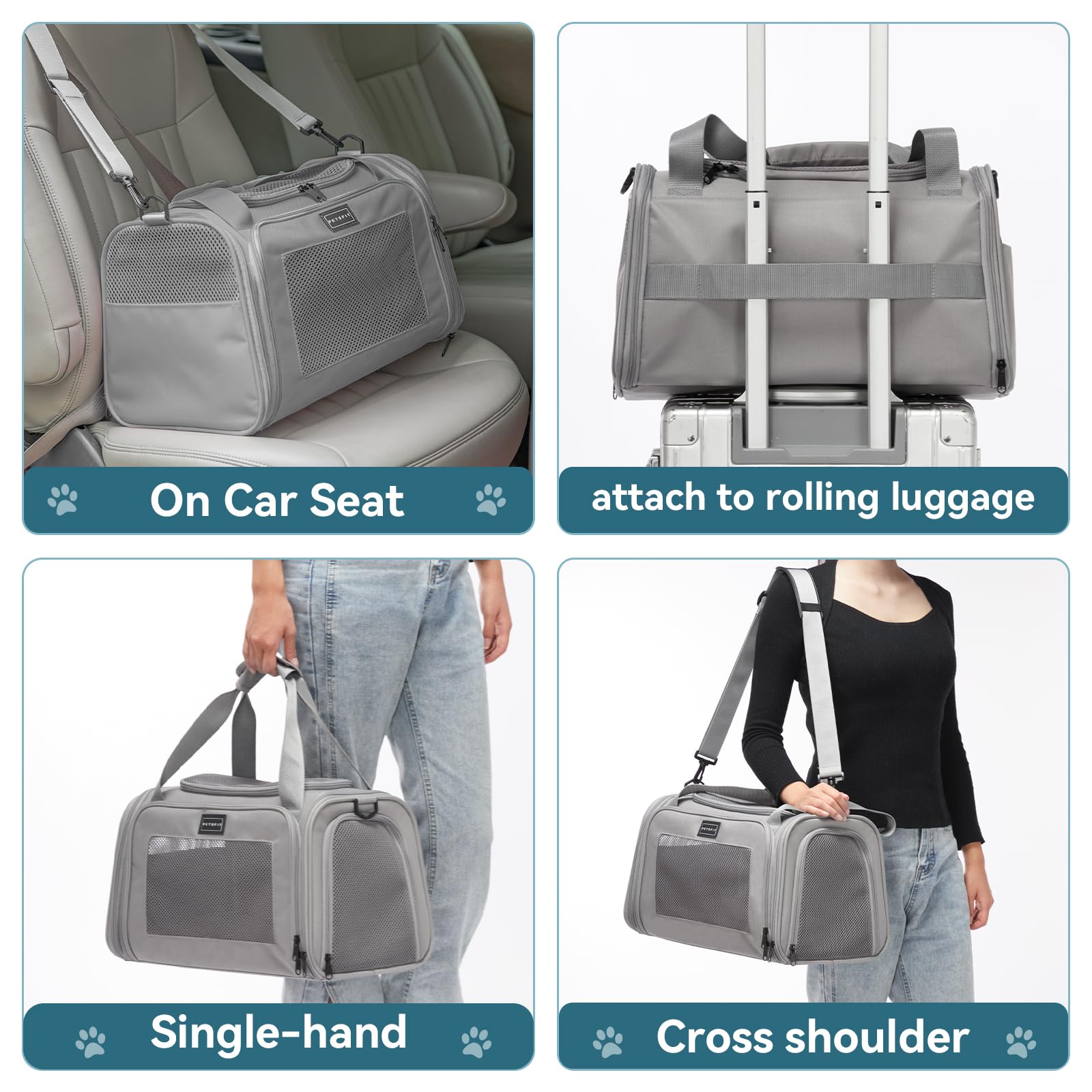 Petsfit Transportín Perro Plegable, Transportin Perro Pequeño, con Tirantes Ajustables, Transportin Gato Bolsa Transporte Perro Mochila Transpirable Acolchado Suave para Coche y Tren, S/Gris