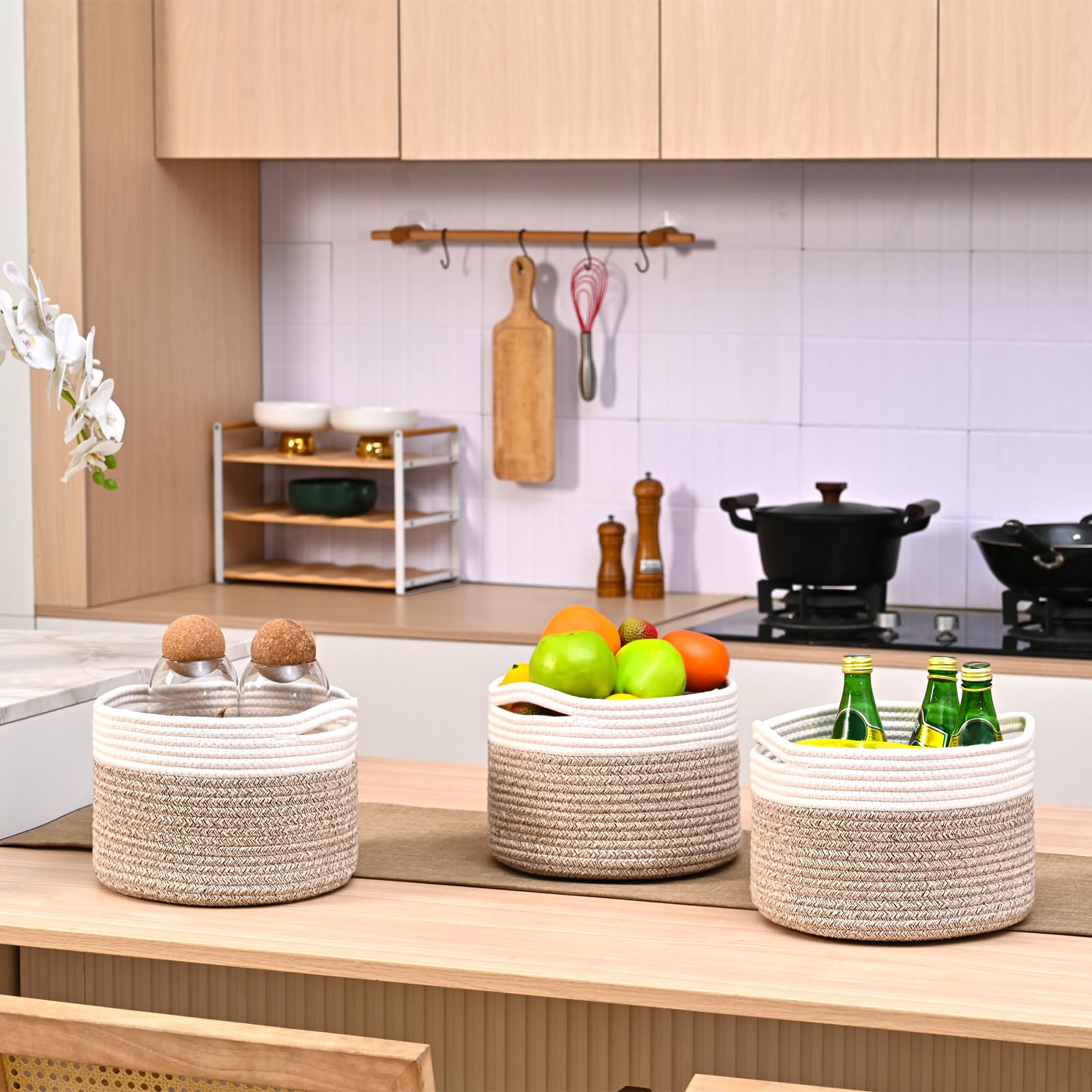 ICERZCZ Cestas pequeñas para organizar, cestas de almacenamiento para estantes, cestas tejidas para almacenamiento, cestas redondas de cuerda de algodón para decoración, bonitas cestas decorativas,