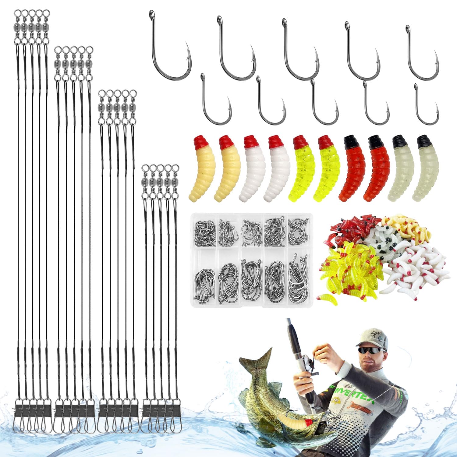 Kit de Pesca con 370 Artículos 100 Anzuelos de Pesca en Acero Carbono (3-12#) en Estuche 250 Señuelos Black Bass PVC (5 Color) 20 Alambre Guía Acero (15/20/25/30 cm) Señuelos para Pescar Noche/Fondo