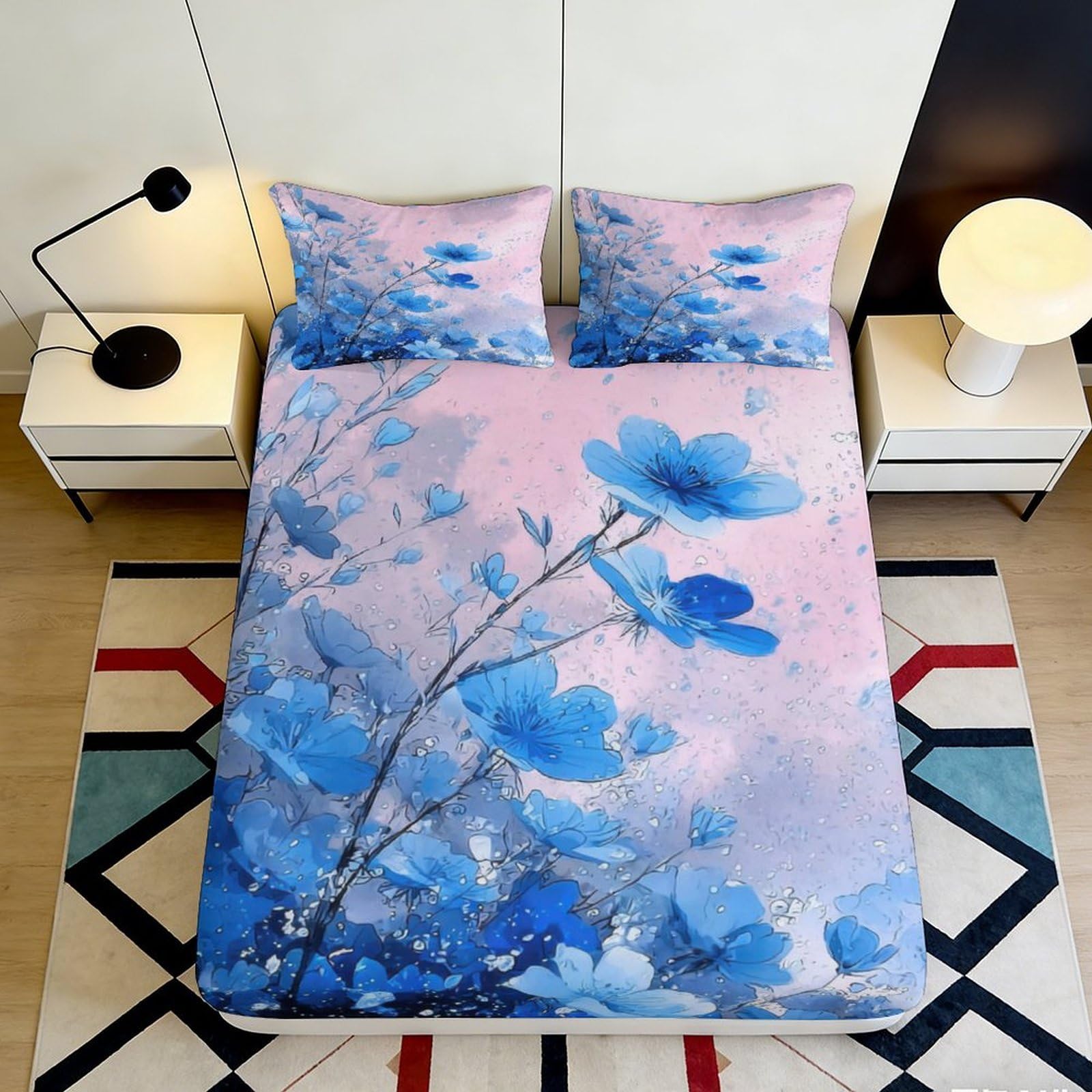 Qjzxknhpgr Style-4 3D Printed Blue Blossom Fitted Sheet Microfiber Soft Floral Dream Bed Cover For Bedroom Dorm Guest Room Mattress Protection Decor 90X200x25cm