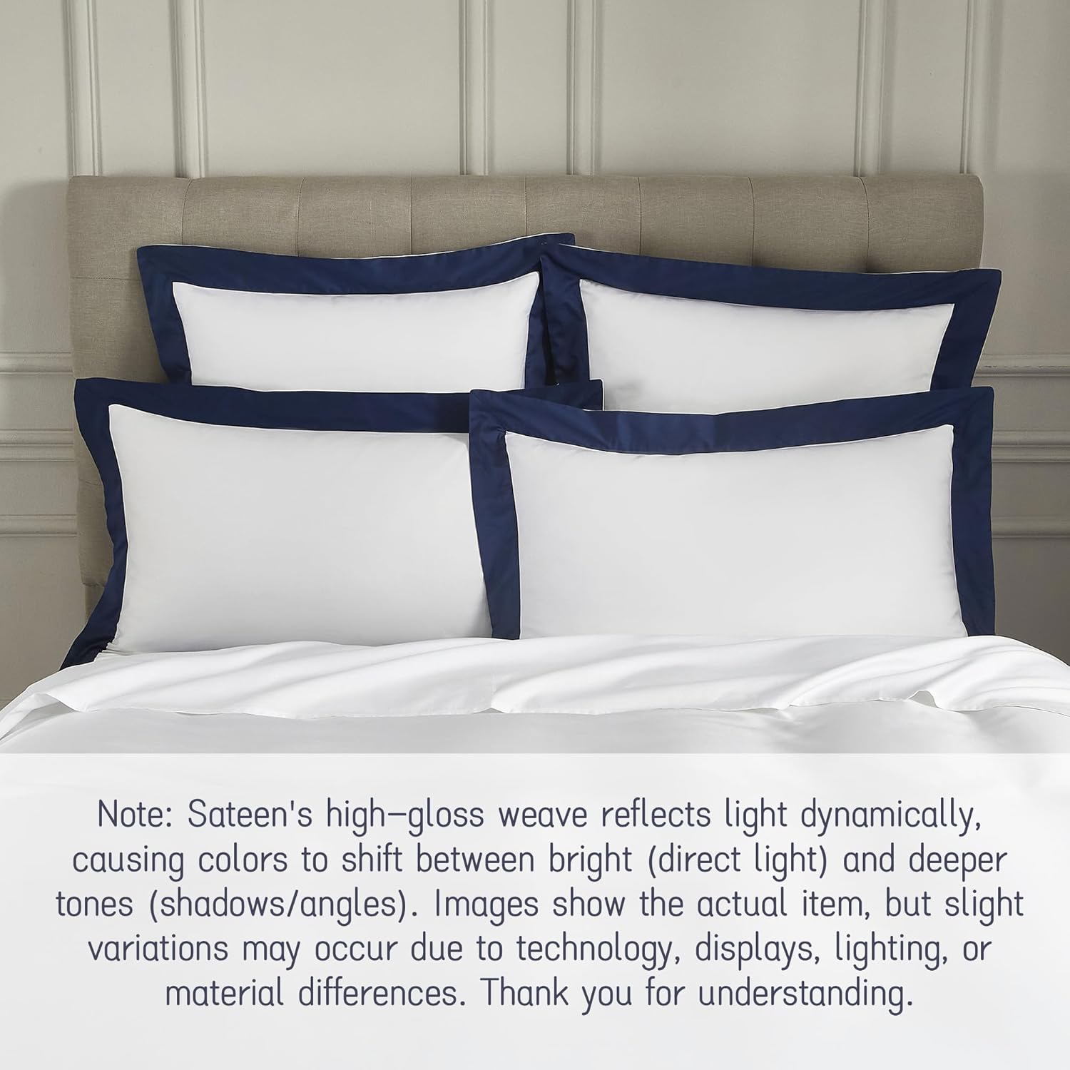 White Euro Pillow Shams Set of 2, 100% Cotton Euro Sham Covers with Navy Blue Border, 400TC Luxury Sateen Weave Soft Smooth Breathable Pillow Cases, 26x26 Inches