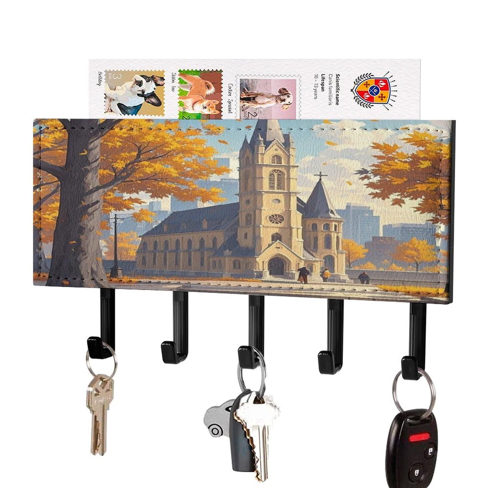 Colgador de llaves para pared con organizador de correo de piel sintética retro y 5 ganchos