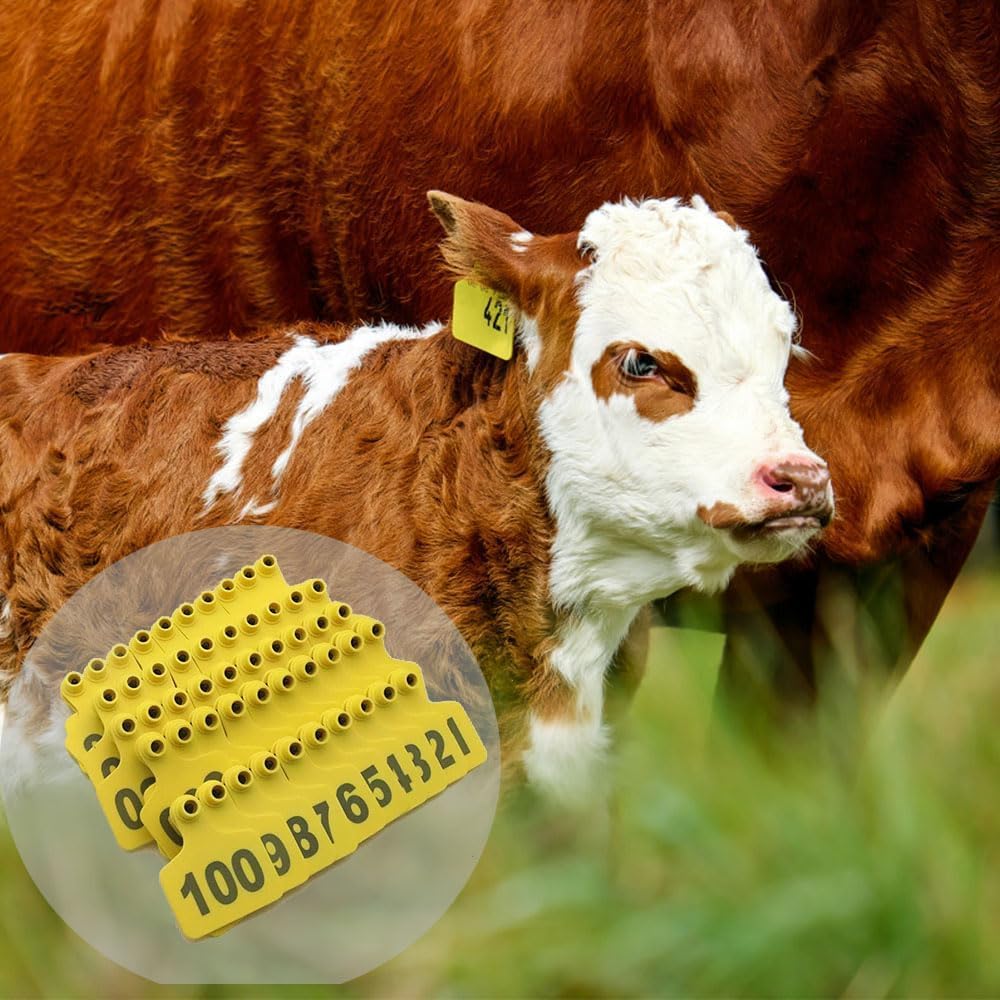 kolczyki dla bydła, 100 sztuk kolczyków do uszu bydła Numer 001-1000 wyboru, dla krów mlecznych, kóz, owiec, świń Kolczyki identyfikacyjne zwierząt 101-200/101-200(Yellow,801 900)