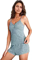 Conjunto de 2 conjuntos de pijama feminino de malha canelada com botões frontais e shorts