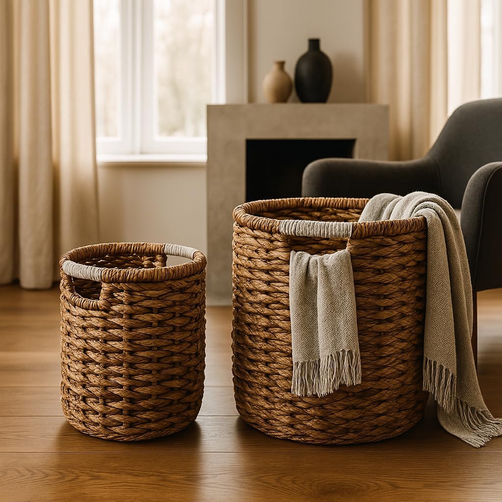 Round Wicker Rattan Basket with Cut-Out Macrame Handles – 16.5"Dia x 17"H Tall Handwoven Laundry Hamper for Towels, Blankets, Yoga Mats, Nursery Storage (White Wash)