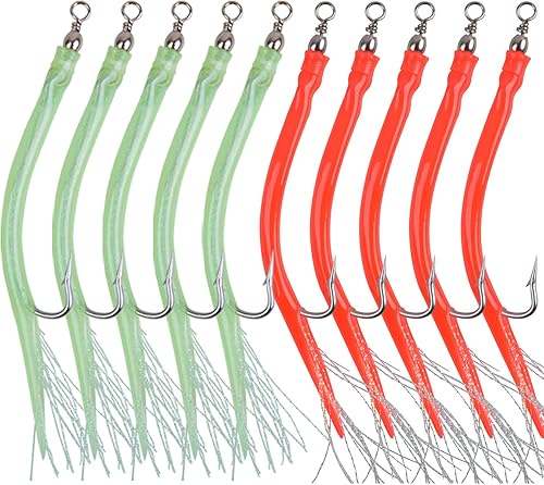 Señuelos clásicos de tubo de bajo a rayas, 10 piezas de tubo de bacalao teaser de agua salada, tubo de pesca con gancho de acero inoxidable